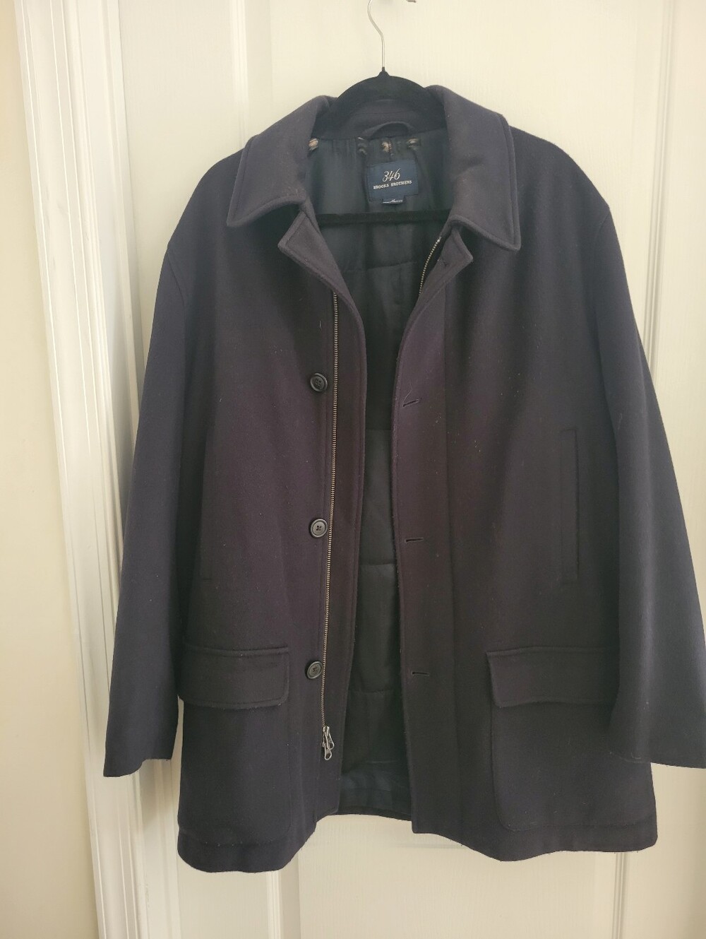 Brooks Brothers 346 Mens Wool Car Coat Jacket Size M Navy Blue Zip Button Lined